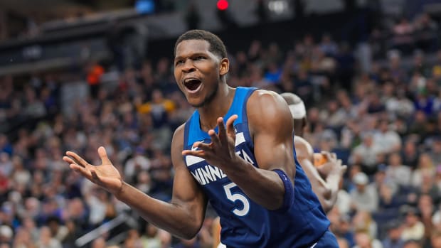 Mar 4, 2024; Minneapolis, Minnesota, USA; Minnesota Timberwolves guard Anthony Edwards (5) complains about a non call against the Portland Trail Blazers in the fourth quarter at Target Center.